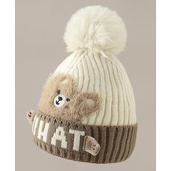 Babyhug Woollen Cap with Pom Pom & Bear Patch Brown - Diameter 17.5 cm