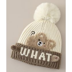Babyhug Woollen Cap with Pom Pom & Bear Patch Brown - Diameter 17.5 cm