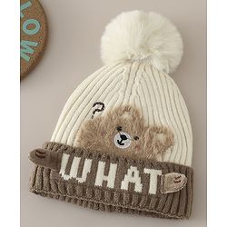 Babyhug Woollen Cap with Pom Pom & Bear Patch Brown - Diameter 17.5 cm