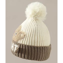 Babyhug Woollen Cap with Pom Pom & Bear Patch Brown - Diameter 17.5 cm