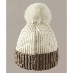 Babyhug Woollen Cap with Pom Pom & Bear Patch Brown - Diameter 17.5 cm