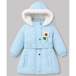 Babyhug Woven A-Line Winter Jacket with Full Sleeves and Floral Applique - Sky Blue