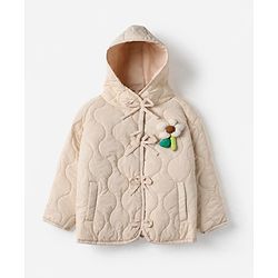 Babyhug Woven Full Raglan Sleeves Hooded Winter Puffed Jacket With Floral Applique - Beige
