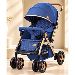 Babyhug Landscape Stroller with Reversible Handle Blue| Multi-Recline Backrest| UV Protection Canopy| 5-Point Harness| All-Wheel Suspension| Swivel Wheels| Trolley-Style Pull Handle| Linked Brake