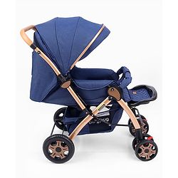 Babyhug Landscape Stroller with Reversible Handle Blue| Multi-Recline Backrest| UV Protection Canopy| 5-Point Harness| All-Wheel Suspension| Swivel Wheels| Trolley-Style Pull Handle| Linked Brake