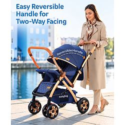 Babyhug Landscape Stroller with Reversible Handle Blue| Multi-Recline Backrest| UV Protection Canopy| 5-Point Harness| All-Wheel Suspension| Swivel Wheels| Trolley-Style Pull Handle| Linked Brake