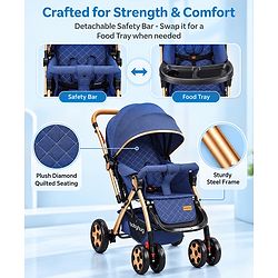 Babyhug Landscape Stroller with Reversible Handle Blue| Multi-Recline Backrest| UV Protection Canopy| 5-Point Harness| All-Wheel Suspension| Swivel Wheels| Trolley-Style Pull Handle| Linked Brake