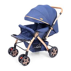 Babyhug Landscape Stroller with Reversible Handle Blue| Multi-Recline Backrest| UV Protection Canopy| 5-Point Harness| All-Wheel Suspension| Swivel Wheels| Trolley-Style Pull Handle| Linked Brake