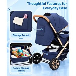 Babyhug Landscape Stroller with Reversible Handle Blue| Multi-Recline Backrest| UV Protection Canopy| 5-Point Harness| All-Wheel Suspension| Swivel Wheels| Trolley-Style Pull Handle| Linked Brake