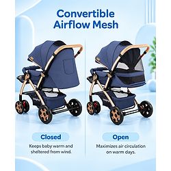 Babyhug Landscape Stroller with Reversible Handle Blue| Multi-Recline Backrest| UV Protection Canopy| 5-Point Harness| All-Wheel Suspension| Swivel Wheels| Trolley-Style Pull Handle| Linked Brake