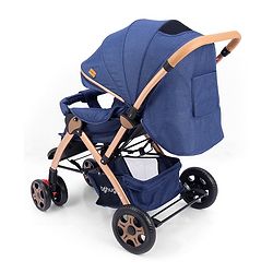Babyhug Landscape Stroller with Reversible Handle Blue| Multi-Recline Backrest| UV Protection Canopy| 5-Point Harness| All-Wheel Suspension| Swivel Wheels| Trolley-Style Pull Handle| Linked Brake