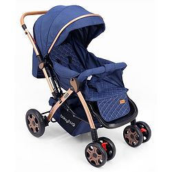 Babyhug Landscape Stroller with Reversible Handle Blue| Multi-Recline Backrest| UV Protection Canopy| 5-Point Harness| All-Wheel Suspension| Swivel Wheels| Trolley-Style Pull Handle| Linked Brake
