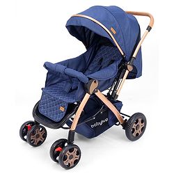 Babyhug Landscape Stroller with Reversible Handle Blue| Multi-Recline Backrest| UV Protection Canopy| 5-Point Harness| All-Wheel Suspension| Swivel Wheels| Trolley-Style Pull Handle| Linked Brake