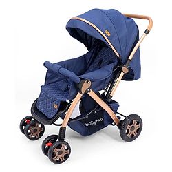 Babyhug Landscape Stroller with Reversible Handle Blue| Multi-Recline Backrest| UV Protection Canopy| 5-Point Harness| All-Wheel Suspension| Swivel Wheels| Trolley-Style Pull Handle| Linked Brake