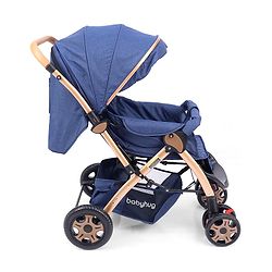 Babyhug Landscape Stroller with Reversible Handle Blue| Multi-Recline Backrest| UV Protection Canopy| 5-Point Harness| All-Wheel Suspension| Swivel Wheels| Trolley-Style Pull Handle| Linked Brake