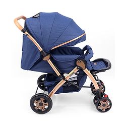 Babyhug Landscape Stroller with Reversible Handle Blue| Multi-Recline Backrest| UV Protection Canopy| 5-Point Harness| All-Wheel Suspension| Swivel Wheels| Trolley-Style Pull Handle| Linked Brake