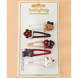 Babyhug Snap Clips Free Size with Flower , Bee & Bow Applique Pack Of 5- Brown , White & Pink