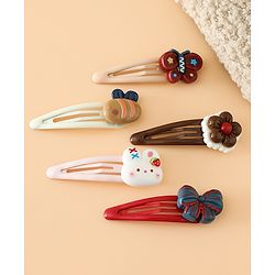 Babyhug Snap Clips Free Size with Flower , Bee & Bow Applique Pack Of 5- Brown , White & Pink