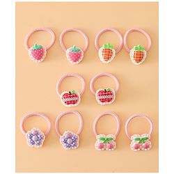 Babyhug Hair Rubber Bands With Strawberry Applique Pack of 5 Free Size - Pink