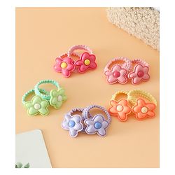 Babyhug Hair Rubber Bands Free Size With Floral Applique Pack Of 5 - Pink , Green & Orange