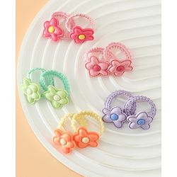 Babyhug Hair Rubber Bands Free Size With Floral Applique Pack Of 5 - Pink , Green & Orange