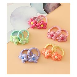 Babyhug Hair Rubber Bands Free Size With Floral Applique Pack Of 5 - Pink , Green & Orange