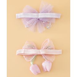 Babyhug Free Size Organza Tulip Bow Headbands with Sheer Layered Net Fabric Pack of 2 - Lavender & Pink