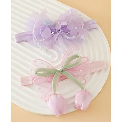 Babyhug Free Size Organza Tulip Bow Headbands with Sheer Layered Net Fabric Pack of 2 - Lavender & Pink
