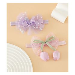 Babyhug Free Size Organza Tulip Bow Headbands with Sheer Layered Net Fabric Pack of 2 - Lavender & Pink