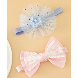 Babyhug Headbands With Floral Bow & Pearl Applique Pack of 2 Free Size-Blue/Pink
