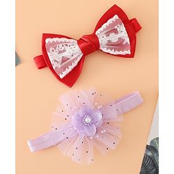 Babyhug Headbands With Floral Bow & Pearl Applique Pack of 2 Free Size-Blue/Pink