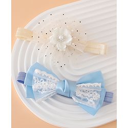 Babyhug Headbands With Floral Bow & Pearl Applique Pack of 2 Free Size-Blue/Pink