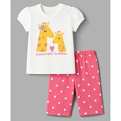 Babyhug Cotton Knit Half Sleeves T-Shirt & Capri Night Suit With Giraffe & Heart Print - White & Pink