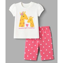 Babyhug Cotton Knit Half Sleeves T-Shirt & Capri Night Suit With Giraffe & Heart Print - White & Pink