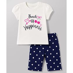 Babyhug 100% Cotton Knit Half Sleeves T-Shirt & Capri Night Suit with Heart & Text Print - White