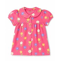 Babyhug 100% Cotton Knit Half Sleeves Front Open Top & Pyjama Night Suit with Floral Print - Pink