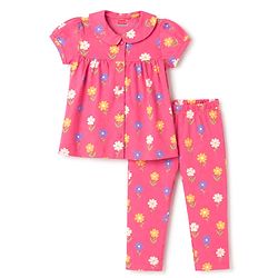Babyhug 100% Cotton Knit Half Sleeves Front Open Top & Pyjama Night Suit with Floral Print - Pink