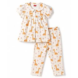 Babyhug 100% Cotton Knit Half Sleeves Top & Pyjama Night Suit Co-ords With Giraffe Print - White