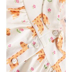 Babyhug 100% Cotton Knit Half Sleeves Top & Pyjama Night Suit Co-ords With Giraffe Print - White