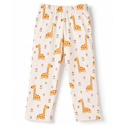 Babyhug 100% Cotton Knit Half Sleeves Top & Pyjama Night Suit Co-ords With Giraffe Print - White