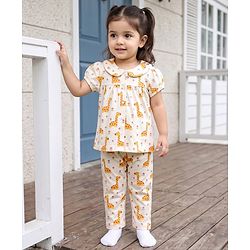 Babyhug 100% Cotton Knit Half Sleeves Top & Pyjama Night Suit Co-ords With Giraffe Print - White