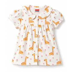 Babyhug 100% Cotton Knit Half Sleeves Top & Pyjama Night Suit Co-ords With Giraffe Print - White
