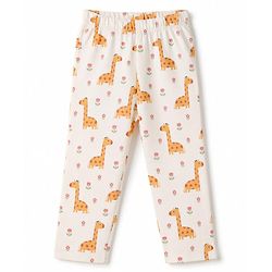Babyhug 100% Cotton Knit Half Sleeves Top & Pyjama Night Suit Co-ords With Giraffe Print - White
