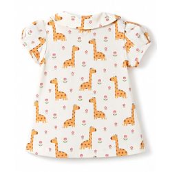 Babyhug 100% Cotton Knit Half Sleeves Top & Pyjama Night Suit Co-ords With Giraffe Print - White