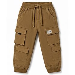 Babyhug Twill Woven Full Length Trousers with Text Patch & Cargo Pockets - Yellow