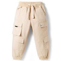 Babyhug Twill Woven Full Length Trousers with Text Patch & Cargo Pockets - Beige