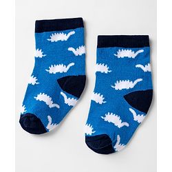 Cute walk by Babyhug Knit Anti-Bacterial Ankle Length Striped Socks with Dinosaur Design Pack of 3 - Blue & Black