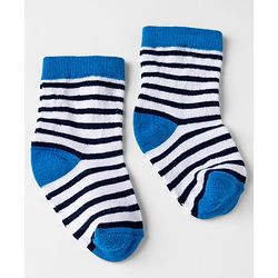 Cute walk by Babyhug Knit Anti-Bacterial Ankle Length Striped Socks with Dinosaur Design Pack of 3 - Blue & Black