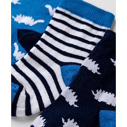 Cute walk by Babyhug Knit Anti-Bacterial Ankle Length Striped Socks with Dinosaur Design Pack of 3 - Blue & Black