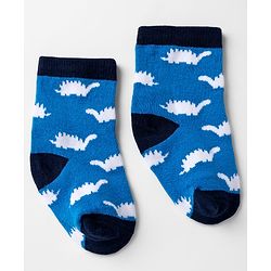 Cute walk by Babyhug Knit Anti-Bacterial Ankle Length Striped Socks with Dinosaur Design Pack of 3 - Blue & Black